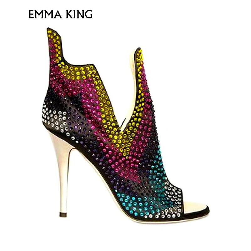 

Spring/Summer Mixed Colors Rhinestone Sandals Fish Mouth High Heel Stiletto Sandalia Feminino Free Shipping High Quality Shoes