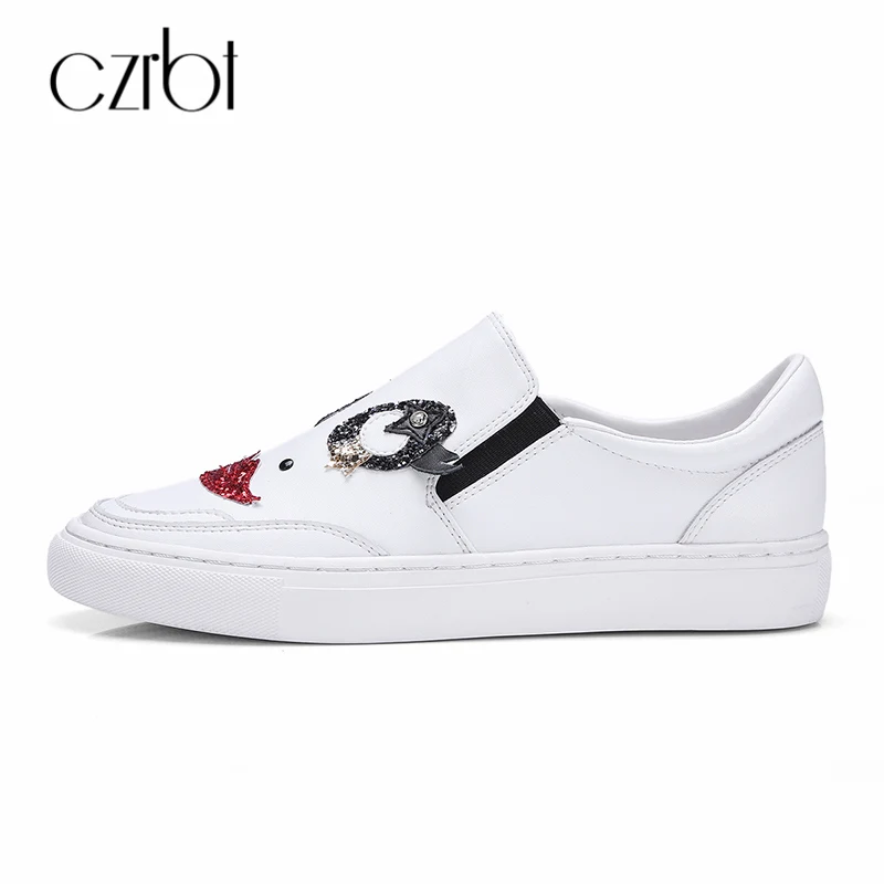 

CZRBT Women Flats Genuine Leather 2018 Spring Autumn Casual Loafers Shoes Cartoon Animation Slip-On Round Toe Bling Loafers