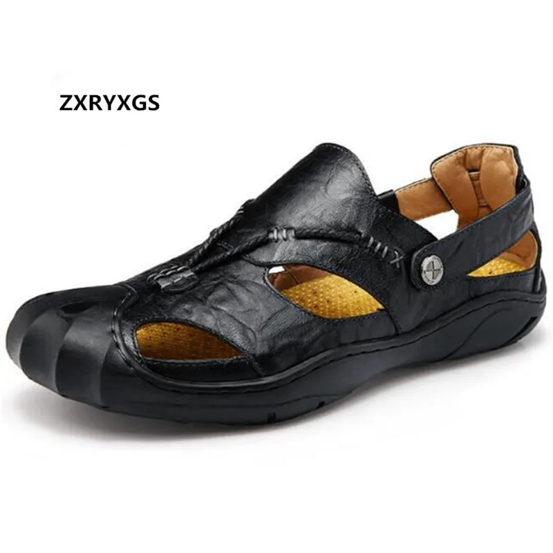 

2019 High Quality Cowhide Summer Men Sandals Casual Shoes Flat Non-slip Comfortable Breathable Genuine Leather Sandals Men Shoes