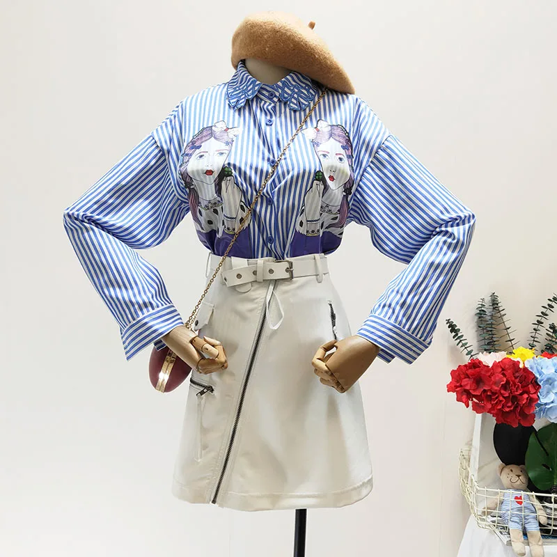 2019 новые весенние женские Модные с рисунком для девочек рубашка в полоску + юбка
