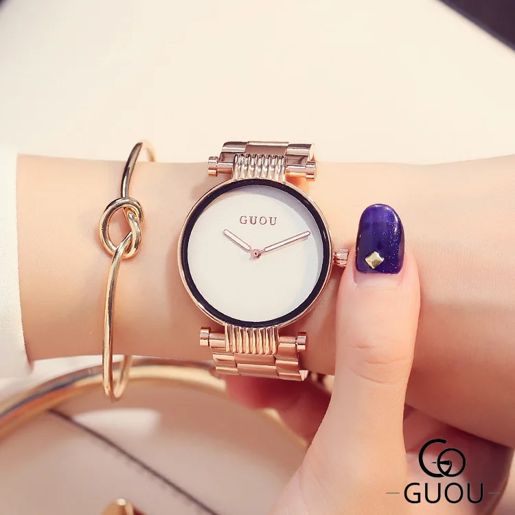 

Top Brand GUOU Fashion Trendy Simple Style Women Quartz Watch Rose Gold Full Steel Ladies Casual Dress Watches Female Wristwatch