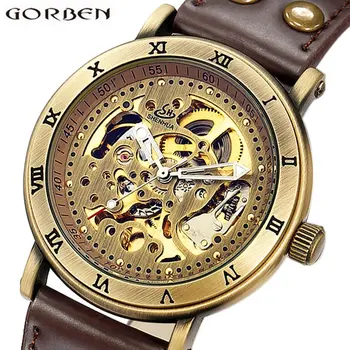 

Steampunk Skeleton Men Automatic Watch Vintage Bronze Luxury Top Brand Chinese Mechanical Wrist Watch for Man Leather Self-wind