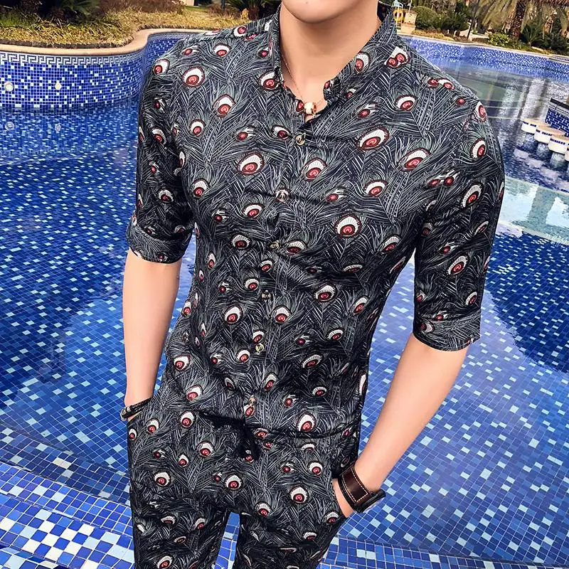 

Hawaiian Social Shirt Menswear 2 Pieces Shirt+Shorts Blouse Men Feather printed Casual Half sleeve Slim Summer