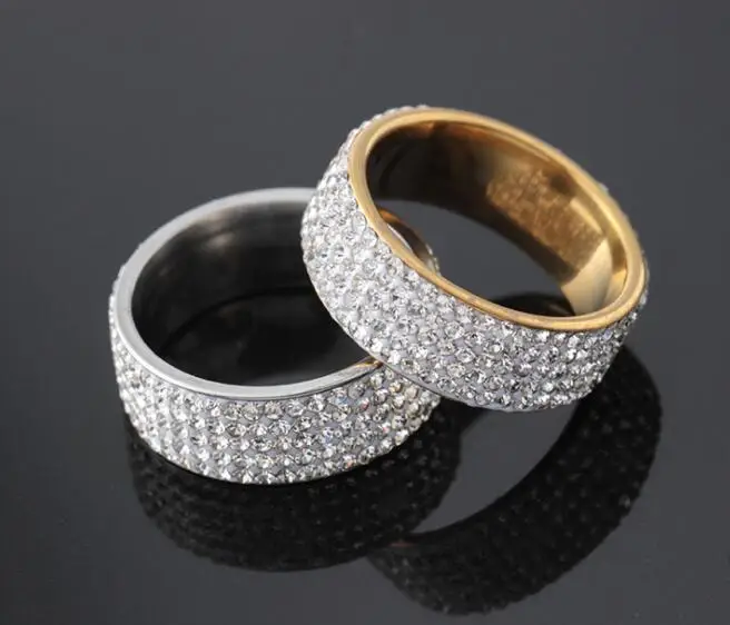 

Hip Hop Rock Rap Iced Out Bling Gold Rhinestone Crystal 5 Row Rings Wedding Band party Bride Jewelry Banquet Dress Women Accesso
