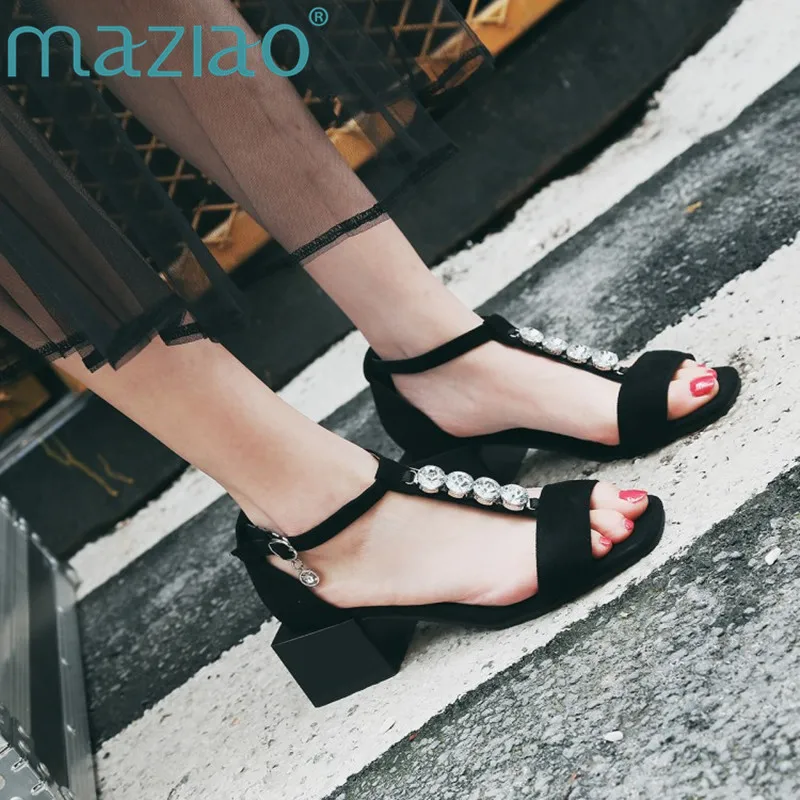 

MAZIAO Shoes Woman Flock Med Heel T-Strap Bridal Wedding Crystal Sandals Summer Ladies Evening Party Pumps Womens Sandals