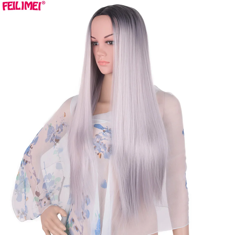 Feilimei Ombre Grey Wig Синтетическое японское волокно 60см 280г Длинные прямые штаны Черные серые парики для женщин Наращивание волос