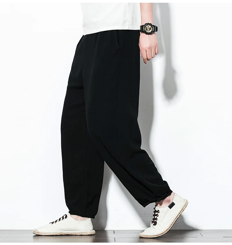 2019 Весна и лето свободные льняные ноги мужские брюки/легкие и дышащие Harajuku китайский стиль удобные брюки мужские