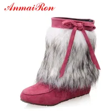 Anmairon/бежевые, черные, розовые зимние ботинки на искусственном меху без шнуровки женские флоковые ботильоны с круглым носком для женщин, зимняя обувь с бантом для девочек