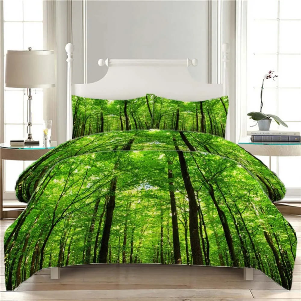 Green forest Bedding Quilt Cover Duvet Set Pillowcase Microfiber Soft Comforter Bedroom Single Queen King | Дом и сад