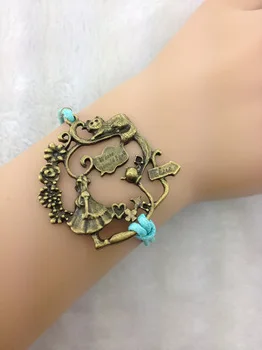 

1pc Alice in Wonderland Bracelet- Antique Brass Alice, Cat, Teapot and Wonderful Branch and Flowers with Wax Cords ZA090