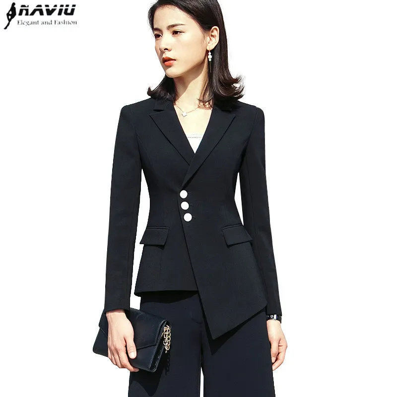 

2018 Spring new fashion pant suits OL slim long sleeve Hem Asymmetric design blazer with pants office ladies plus size work wear