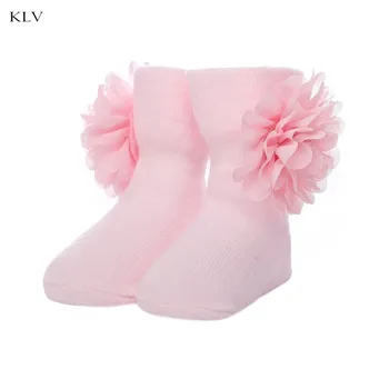 

Toddlers Baby Long Ankle Socks Big Flower Solid Color Cotton Winter Warmer 0-6M
