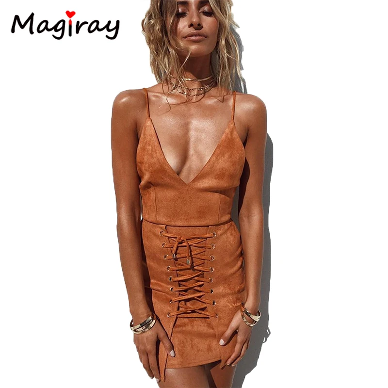 

Magiray 2019 Suede Women Dress Lace Up Bow Sexy Club Sundress Wrap Bodycon Bandage Deep V Hot Vestidos High Waist Robe Femme c24