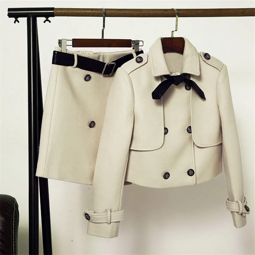 Осеннее женское двубортное шерстяное пальто из двух частей+ шерстяная юбка элегантные женские пальто с длинным рукавом короткая верхняя одежда WZ489 - Цвет: Бежевый