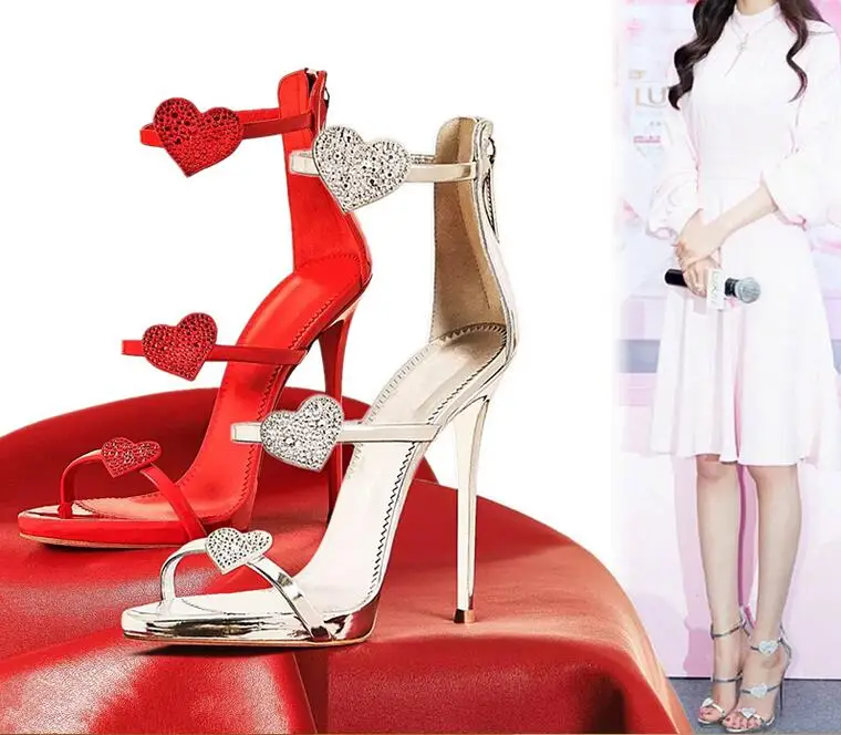 

Stylish Hear Shap Bling Crystal Embellished Concise Dress Sandals Open Toe Triple Straps Zip Cut Out Fashion Lady Party Shoes