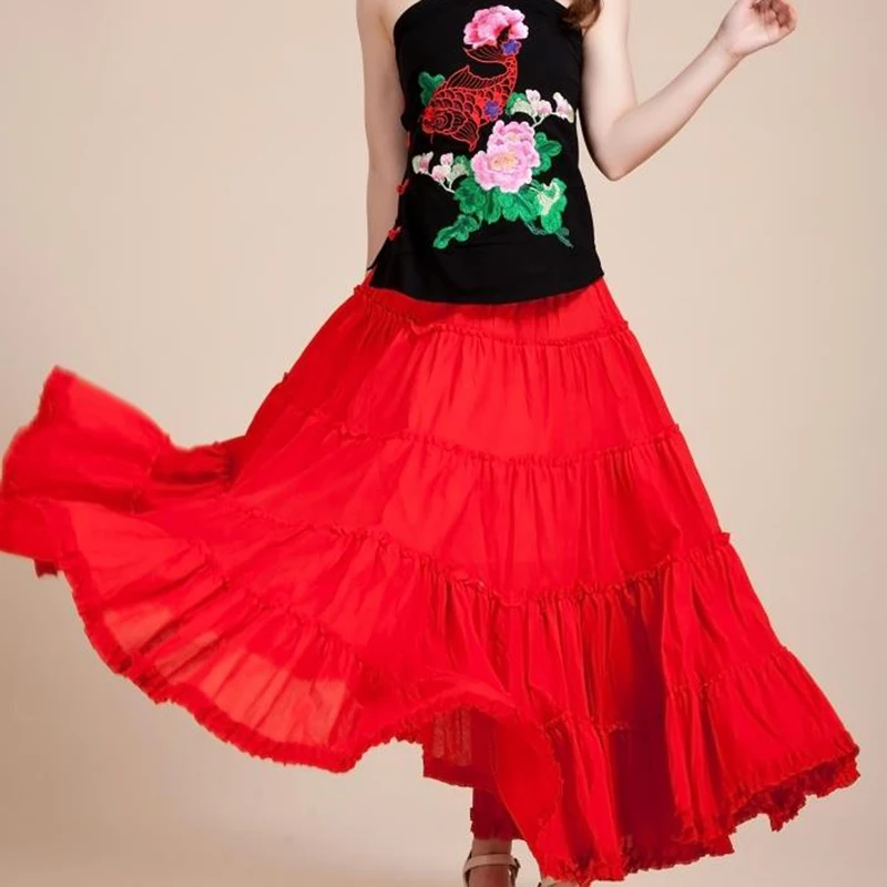 SexeMara корейская пляжная длинная юбка средней длины с зонтиком Летняя женская шифоновая юбка макси ярких цветов плиссированные юбки с эластичной резинкой на талии