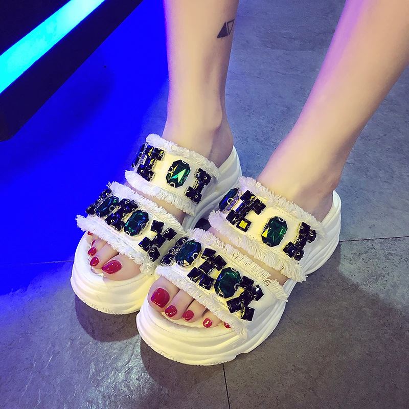

Rimocy big rhinestone sandals women summer high platform green crystal heels sandalias mujer casual white black slip on slippers