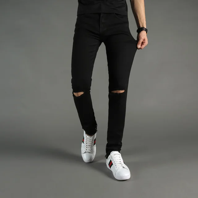 High Street Fashion Mens Jeans Black Color Denim Knee Hole Ripped Jeans