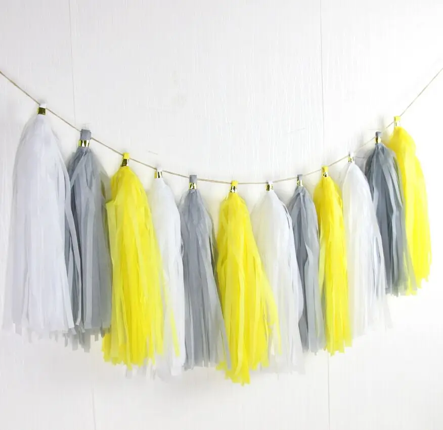 White/Gray/Yellow Rose Tassel Garland, Yellow Grey Banner Birthday