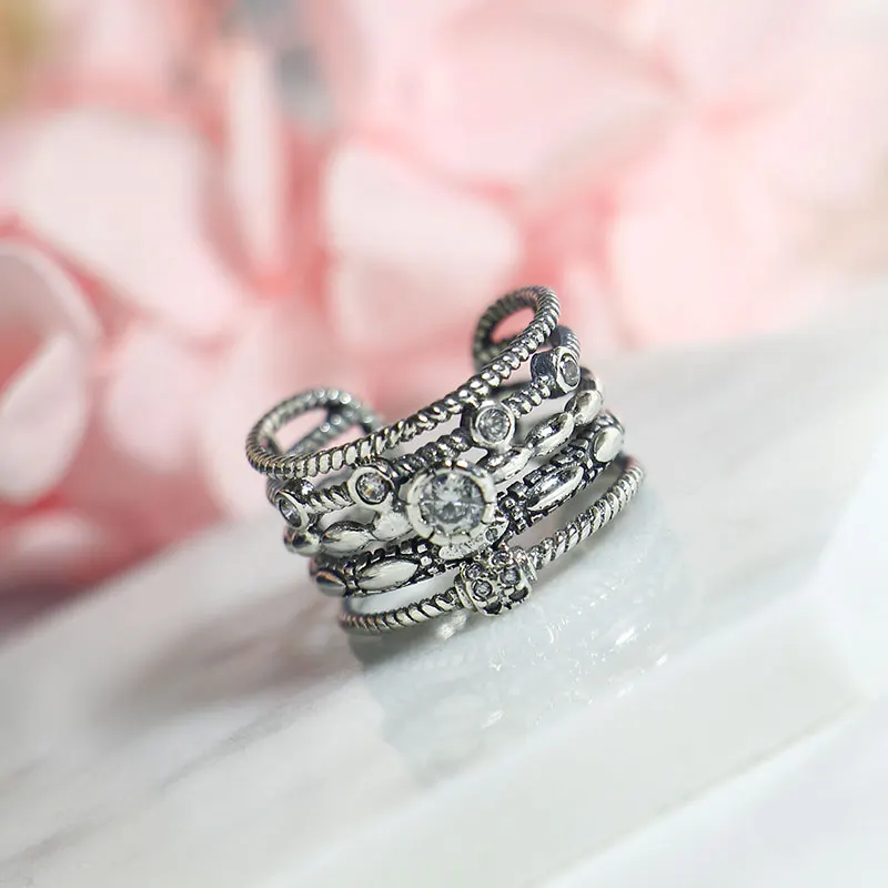 Elegant Quality 925 Rings Adjustable Vintage Thai Silver Multilayer Zircon Personality Ring Sterling Jewely |