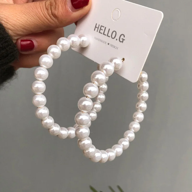 Exaggrated Simulated Pearls Big Circle Statement Earrings For Women Vintage Loop Hoop Earrings With Pearl Jewelry Gift