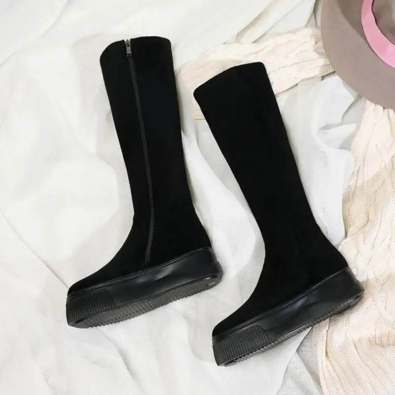LebaLuka/женские зимние сапоги на платформе и высоком каблуке обувь до колена на меху с круглым носком Женская пикантная Клубная обувь размеры 34-39