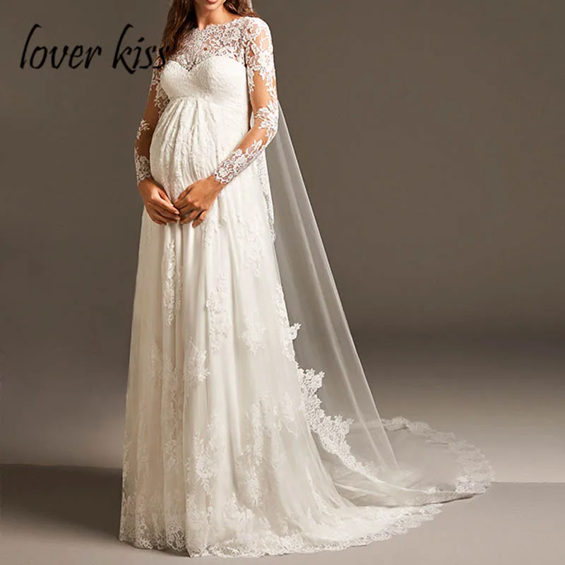 

Lover Kiss Vestido De Noiva Elegant Empire Pregnant Wedding Dress With Long Sleeve Maternity Lace Bridal Gowns For Women Mariage