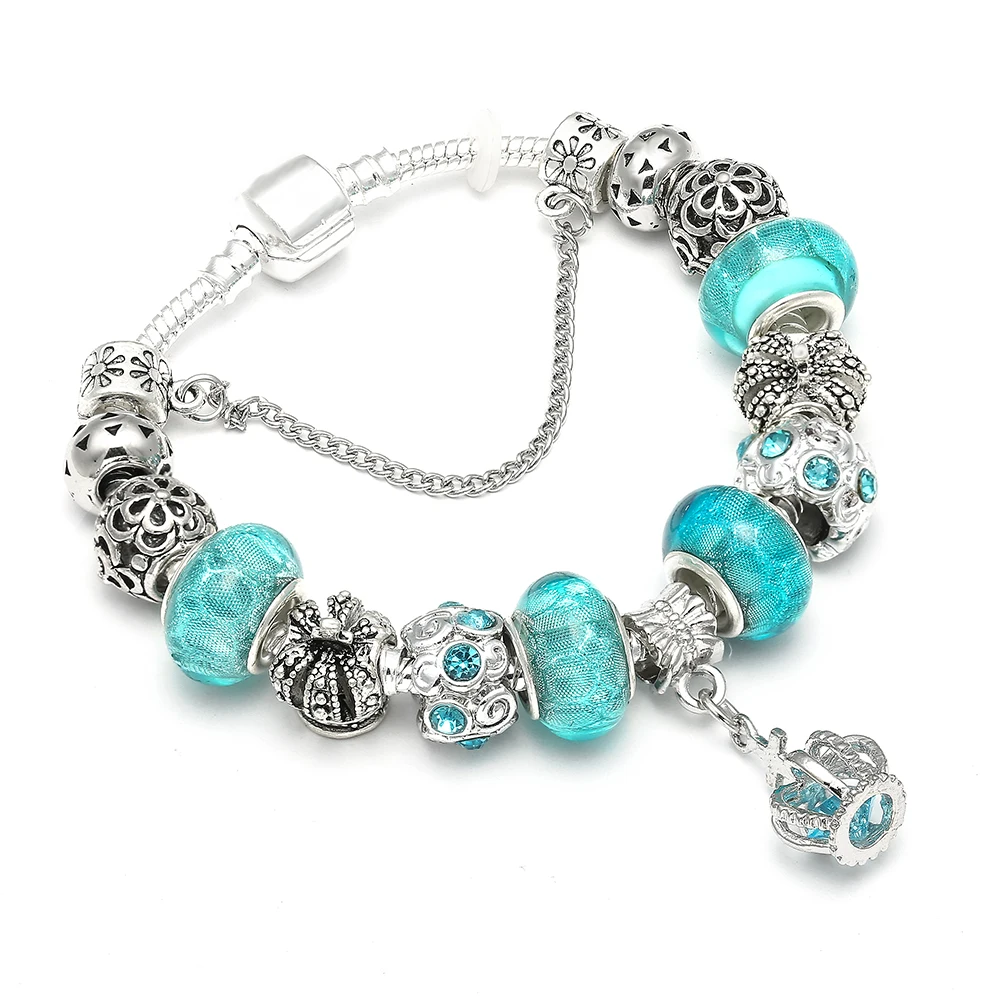 

Vintage Silver Color Crown Pendant & High Quality Blue Murano Beads Pandora Bracelets & Bangles for Women DIY Jewelry