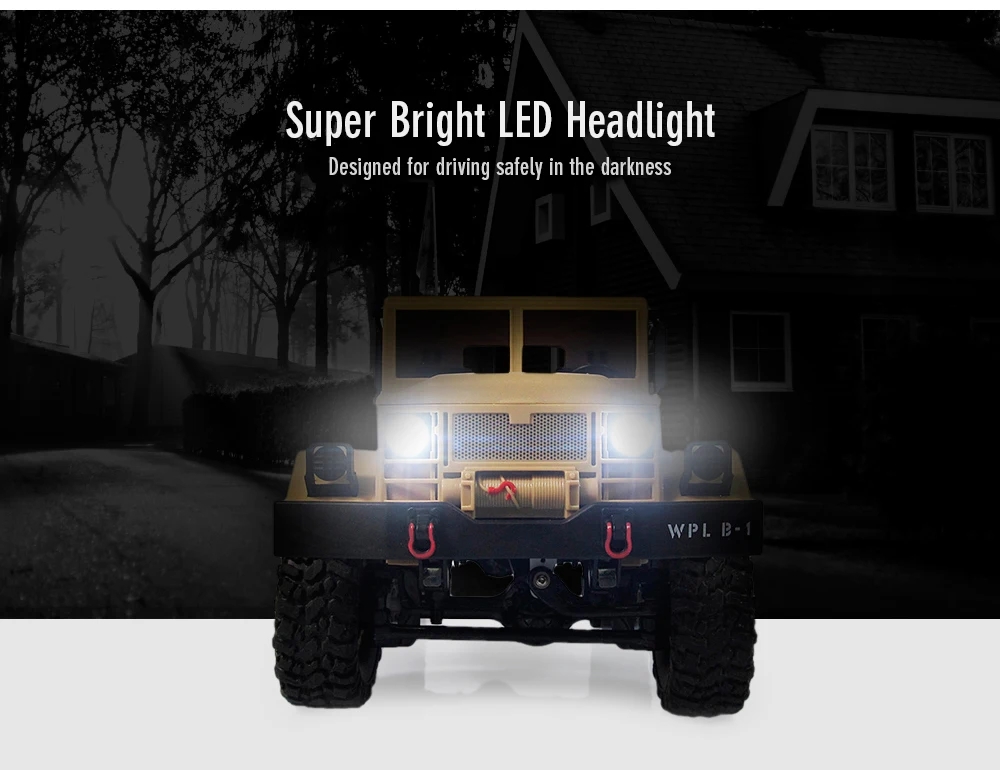 WPL B - 1 1:16 Mini Off-road RC Military Truck RTR Four-wheel Drive / Metal Suspension Beam / Bright LED Light