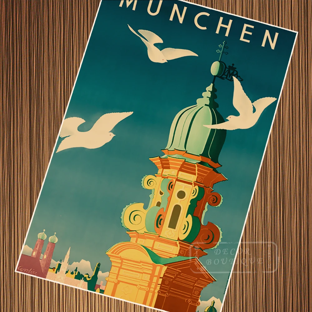 Munchen Munich церковь голуби немецкий y старинный ретро-постер из путешествия холст