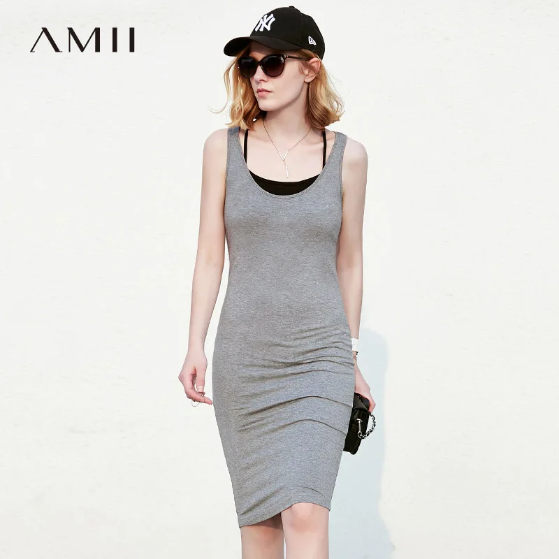 Amii 2018 Summer Sexy Slim Fit Sleeveless Vest Knee Length Dress