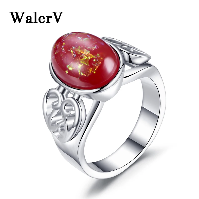 

WALER New for Women Silver Color Ring Fashion Charm Oval Imitation Red Fire Opal Stone Ring Romantic Heart Shape Wedding Ring