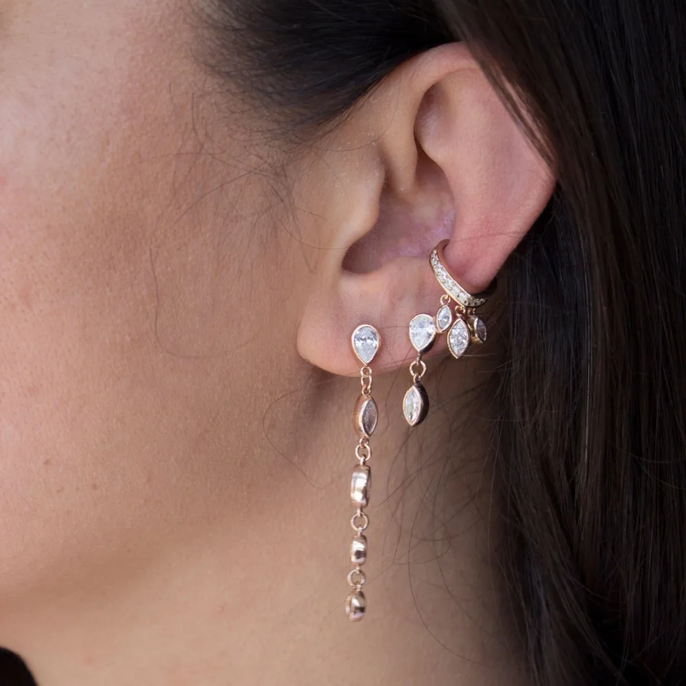 

2019 summer tear drop charm earrring fashion tassel chain ear wire cz drop elegant women wedding gift delicate stacking earring