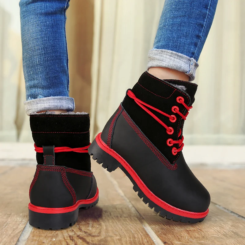 

2018 New Winter Children Martin Boots Cow suede Leather Kids Snow Boots Waterproof Lace high shoes Girls Boys Keep warm Shoes