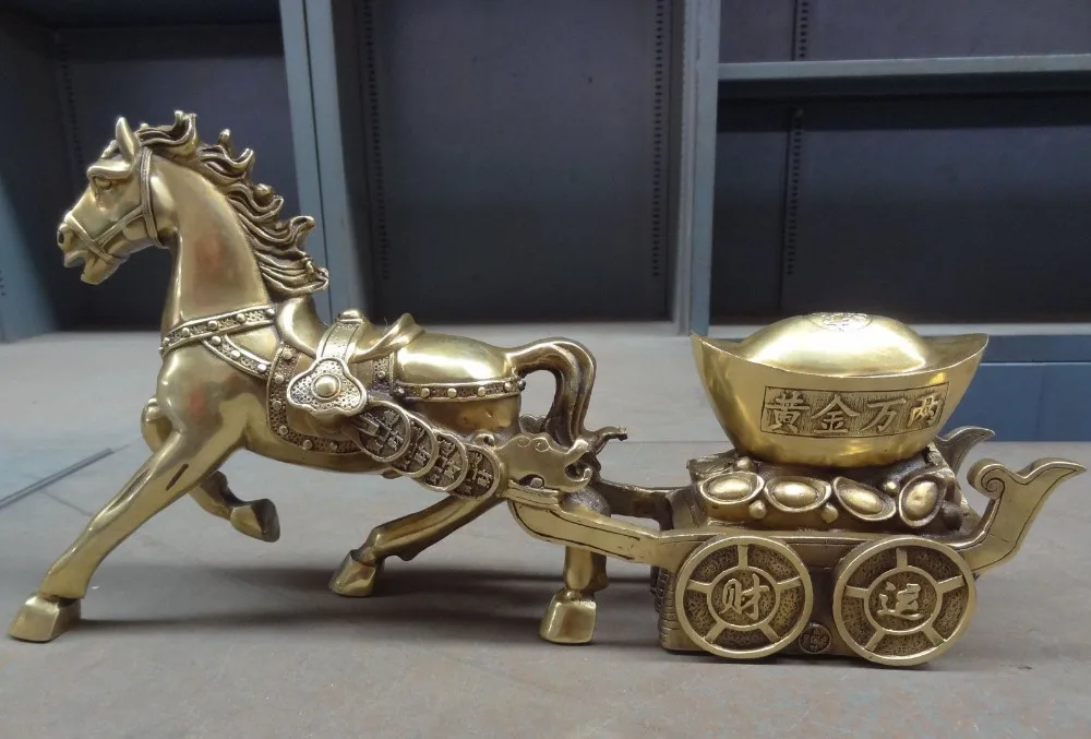

18" Chinese Brass Zodiac YuanBao Coin RuYi Cai Yun Horse-drawn carriage Statue