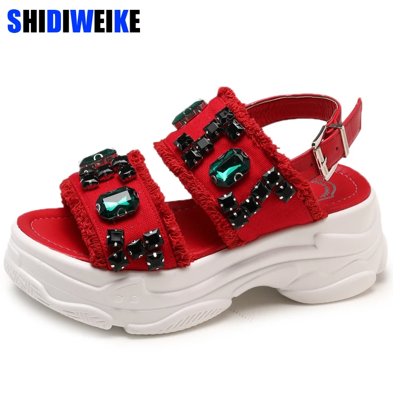 

sandals Women Ladies Fashion Fish Mouth Thick Platform Wedges Loafers sandals Shoes sandalias Rhinestone 2019 m862