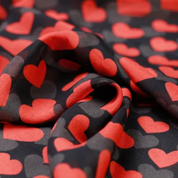 

110cm Width 11mm Red Hearts Black 100% Mulberry Silk Crepe de Chine Fabric for Woman Summer Dress Blouse Skirt Sewing DIY