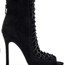 Черные кожаные(из замши) открытые ботильоны с поперечными ремешками на шнуровке носок с вырезом ботинки на шпильке модельная обувь на каблуке прямая поставка