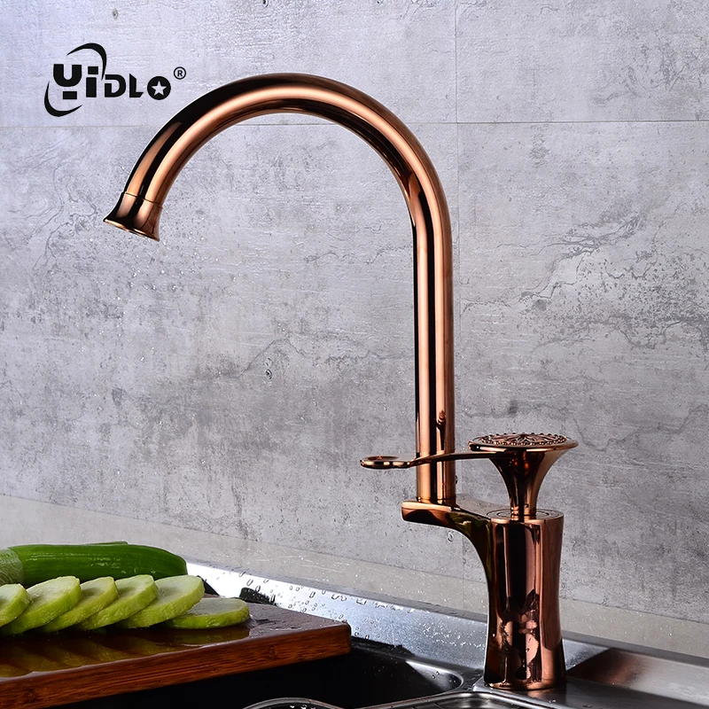 Kitchen Sink Brass Faucet Fashion Rose Gold Carved Single Handle Decorative WaterTap Hot And Cold Kitchen Bathroom Basin Faucets Kitchen Sink Brass Faucet Fashion Rose Gold Carved Single Handle Decorative WaterTap Hot And Cold Kitchen Bathroom Basin Faucets