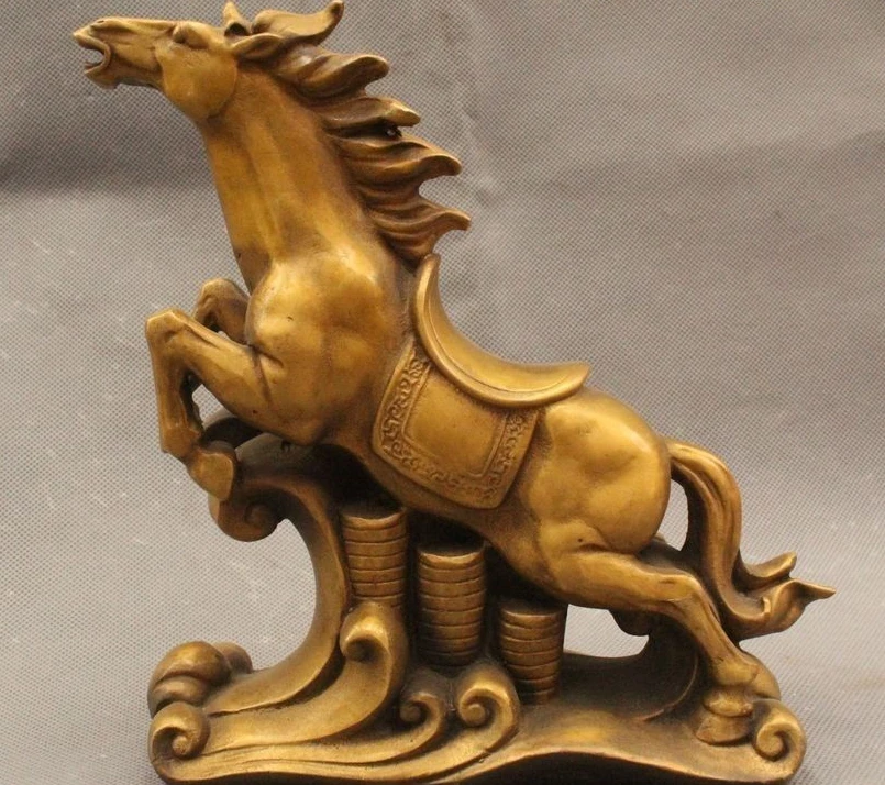 

8" Chinese Fengshui Brass Zodiac Year Horse Running Money Wealth Coin Statue