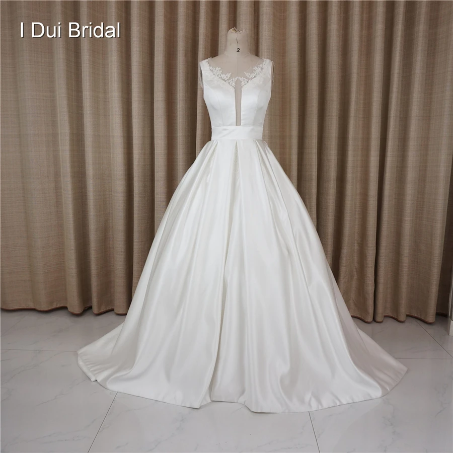 Wedding Dresses Illusion Tulle Lace Neckline Satin Elegant Lace Up Back Chapel Train Factory Custom Make Real Photo Wedding Dresses Illusion Tulle Lace Neckline Satin Elegant Lace Up Back Chapel Train Factory Custom Make Real Photo