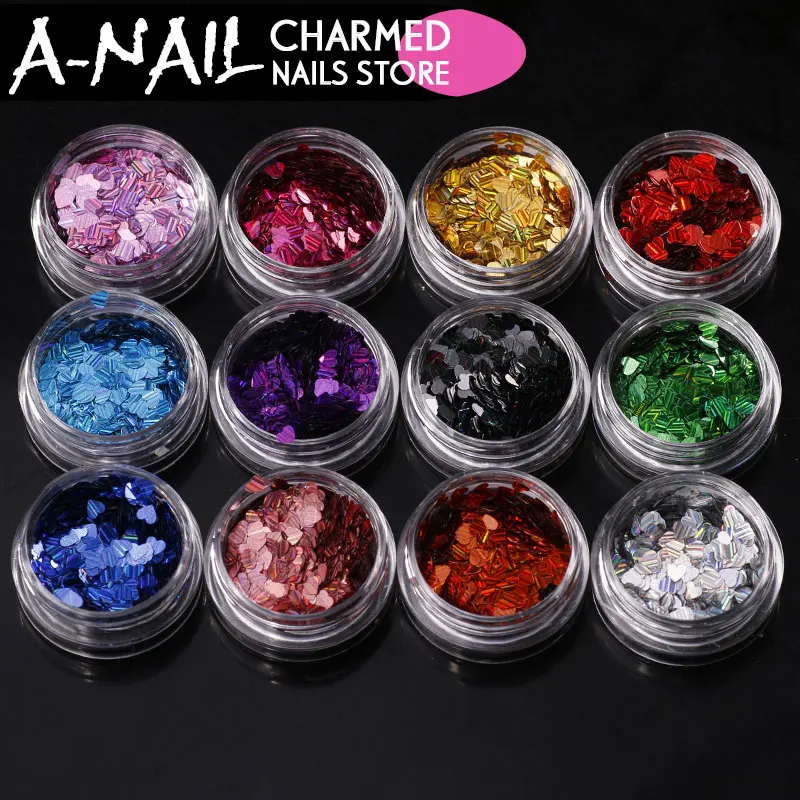 

12 jars/set Acrylic holographic Heart shape Nail Sequins Paillette Nail Stripe holo Flakes Slice nail art Decoration Accessories