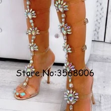 Прозрачные Сандалии-гладиаторы до колена с украшением в виде кристаллов пикантные босоножки на высоком каблуке