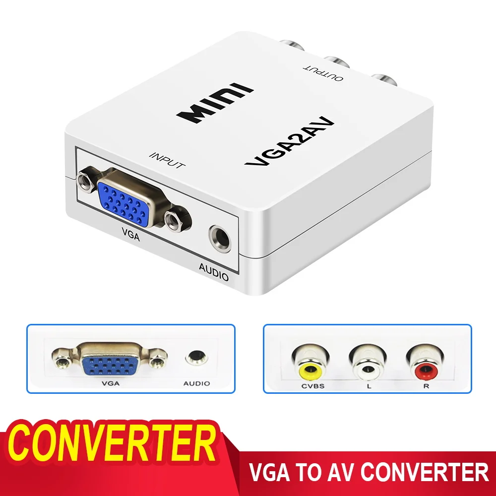

High Quality Mini VGA to AV RCA Converter with 3.5mm Audio VGA 2AV CVBS+Audio Convertor for 1080P HDTV PC