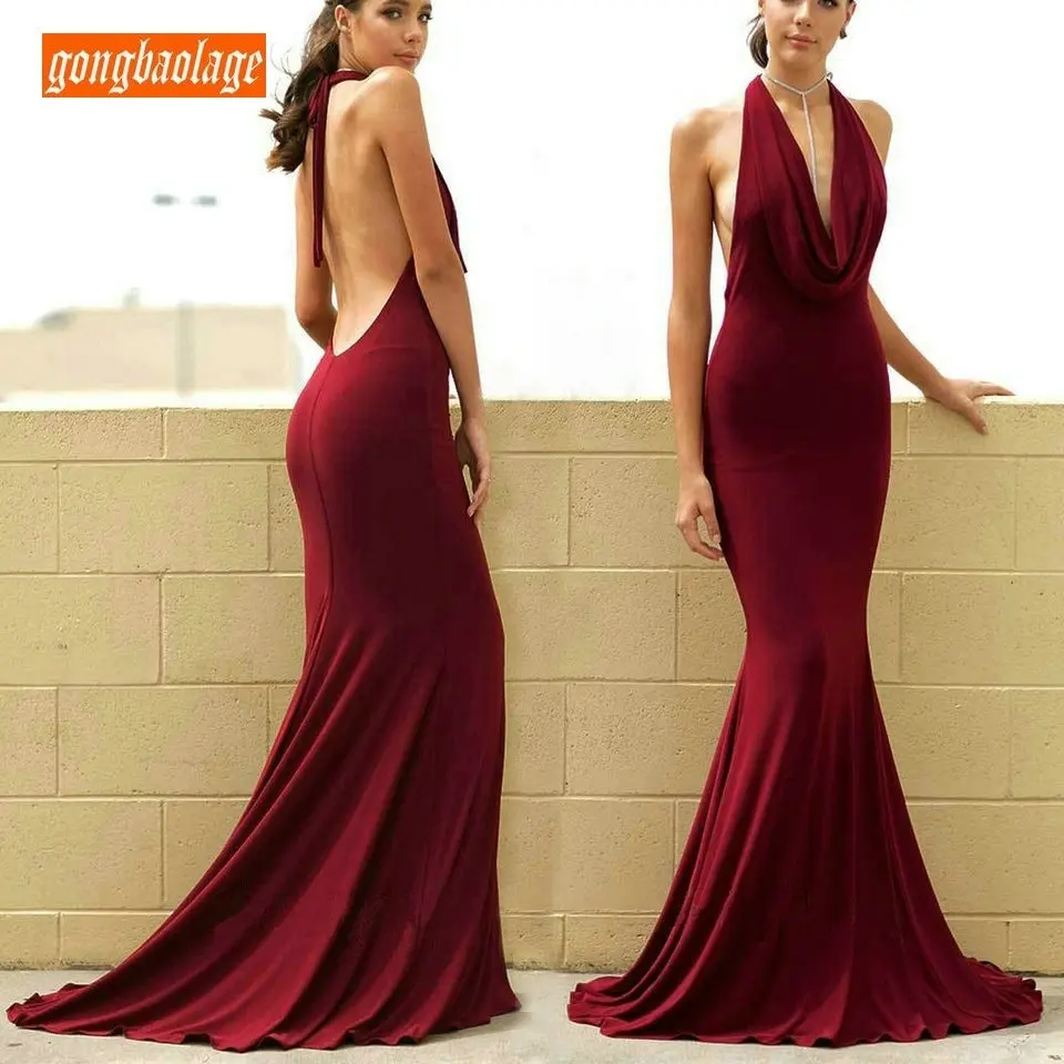 

Sexy Burgundy Mermaid Party Long Evening Dress 2019 Women Evening Gowns Cheap Elastic Satin Backless Slim Fit Formal Prom Dress