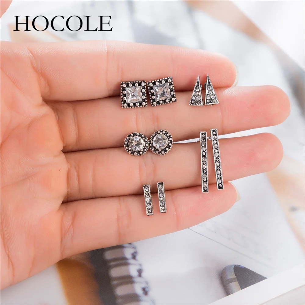 

HOCOLE 5 Pairs/Set Vintage Crystal Stud Earrings Silver Color Geometic Triangle Square Earrings Set For Women Jewelry Brincos