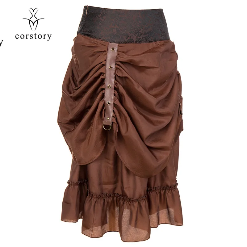 Corstory коричневый Шелковый креп стимпанк длинная юбка викторианской Сексуальная рюшами Готический юбки для женщин с пряжкой кожа Бурлеск Корс