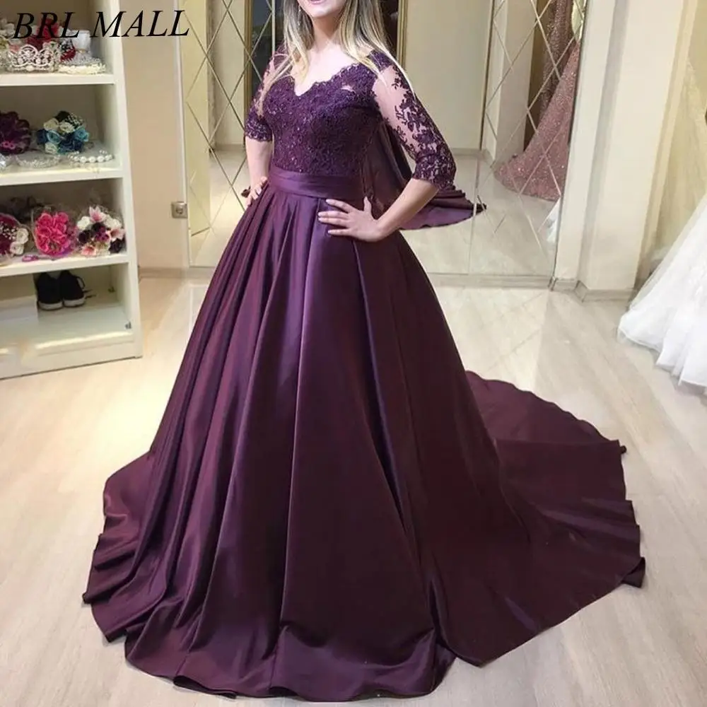 

Robe de soirée 2019 Purple Satin African Evening Dresses With Half Sleeves V Neck Formal Party Gowns Dubai Arabic Prom Dress