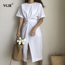 VGH, корейский дизайн, летние платья, одноцветные, свободные, с круглым вырезом, натуральная Талия, винтажное, с разрезом, модное женское платье