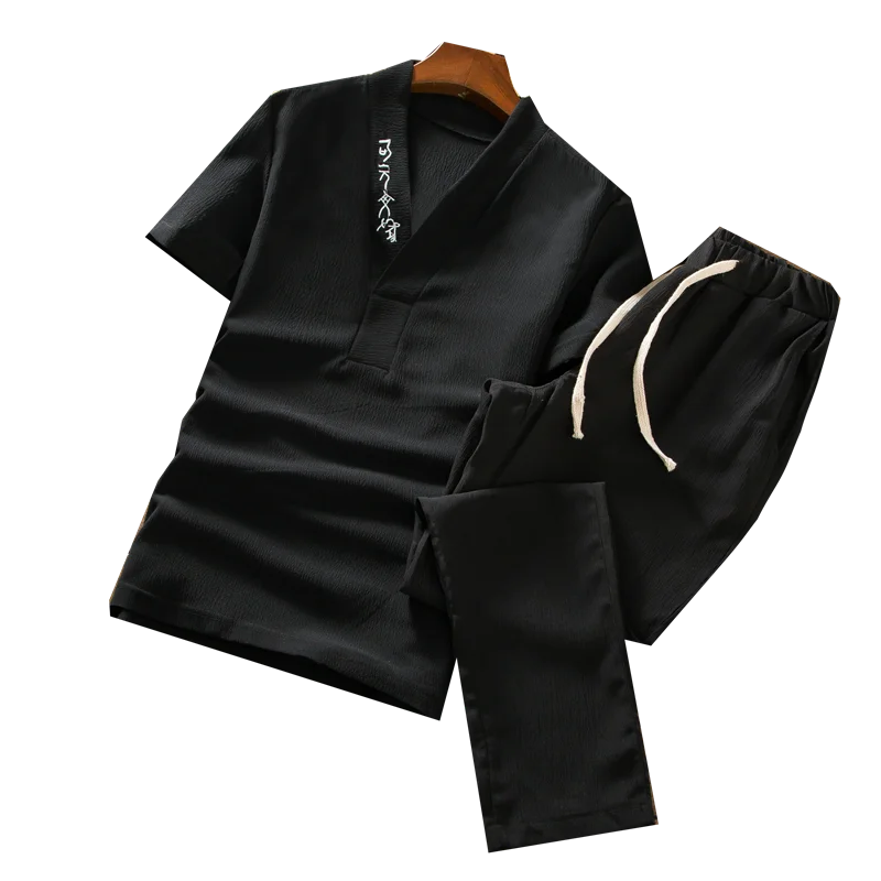  Summer Men Short Sleeve tshirt and Drawstring Lace Pants Pure Color Embroidered Men Two-Piece Set